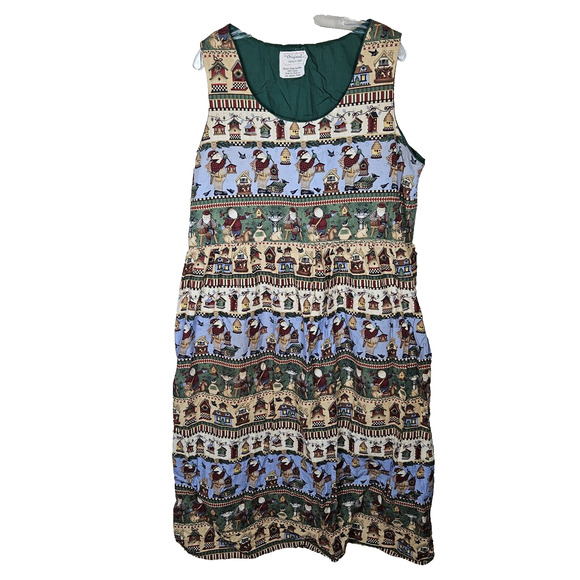 VTG 80s Christmas Sheath Dress Apron Womens Holiday Santa Winter Grandma Birds L - Picture 1 of 9